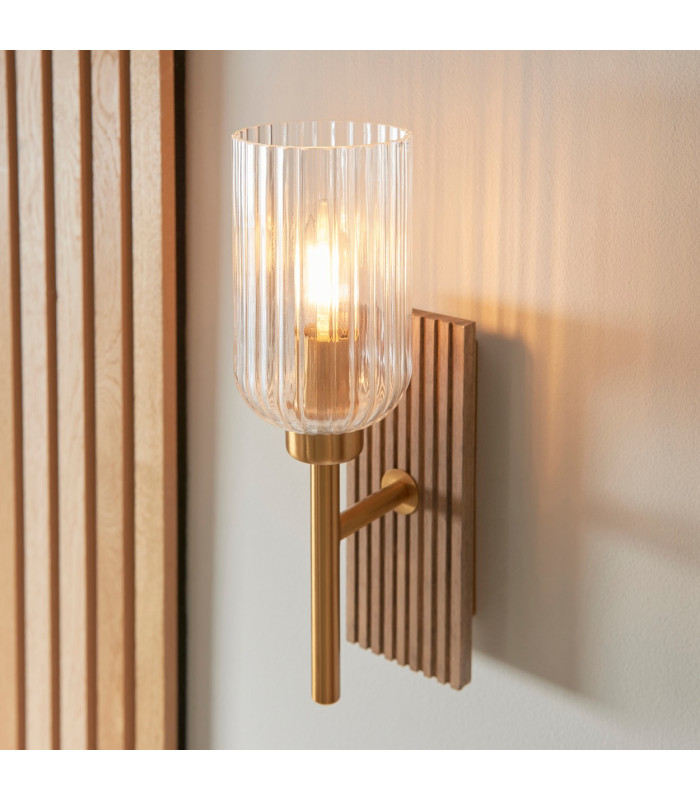 Travi Ribbed Wall Lamp Beige Textured Marble Vintage Brass & Clear Ribbed Glass E14-7