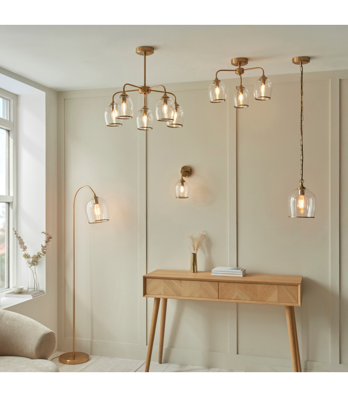 Rome Multi Arm Pendant Ceiling Light Brushed Aged Brass Plate & Clear Glass 12x G9-7