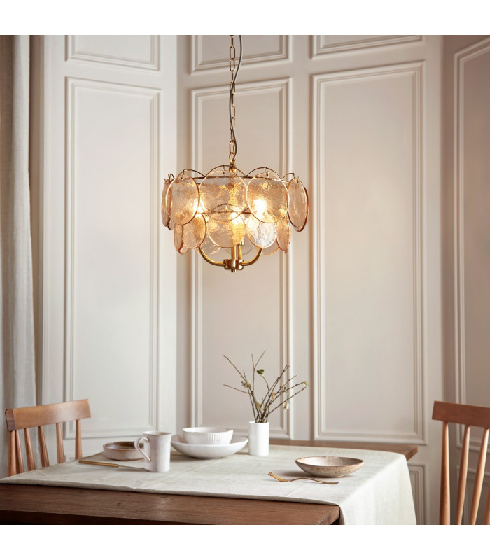 Thistle Pendant Ceiling Light Brushed Aged Brass Plate & Handmade Champagne Glass 3 x 7W LED E14-2