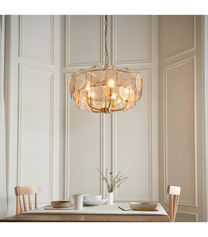 Thistle Pendant Ceiling Light Brushed Aged Brass Plate & Handmade Champagne Glass 5 x 7W LED E14-3