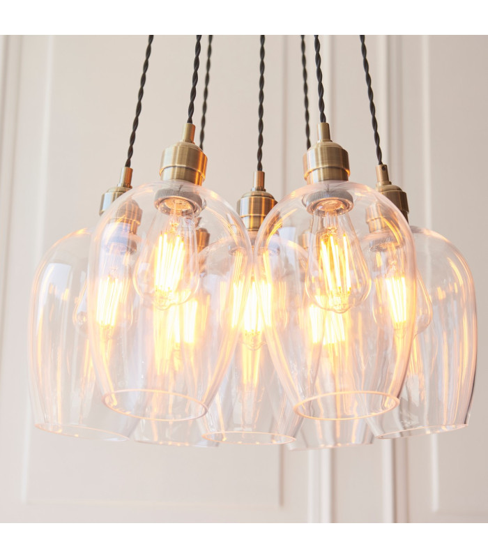 Livorno Cluster Pendant Ceiling Light Antique Brass Plate & Clear Glass 7 x 10W LED E27-4
