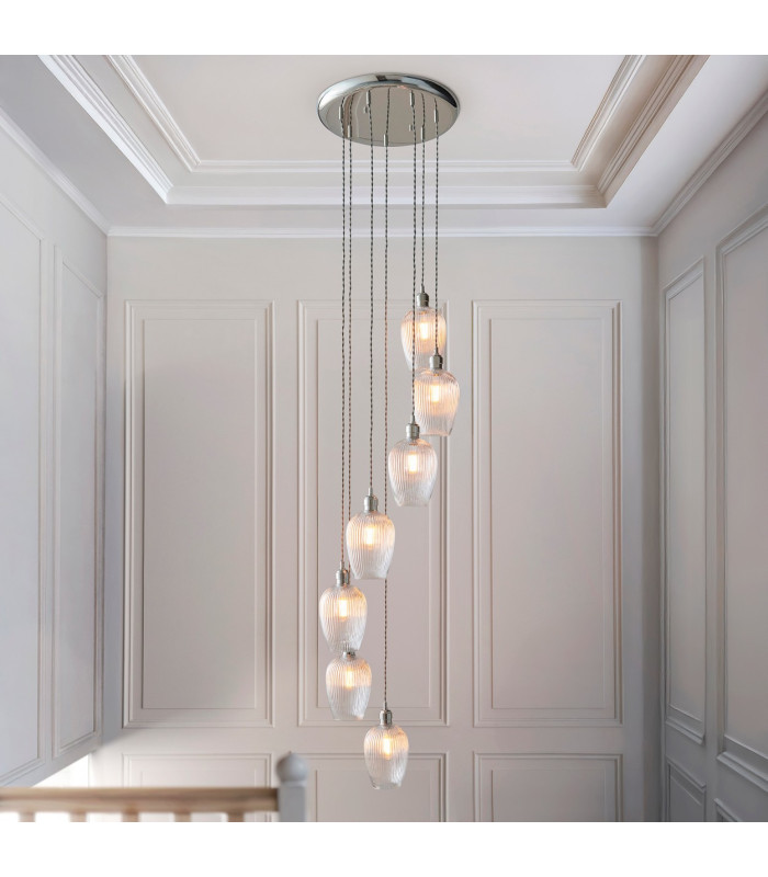 Livorno Cluster Pendant Ceiling Light Bright Nickel Plate & Clear Ribbed Glass 7 x 10W LED E27-2