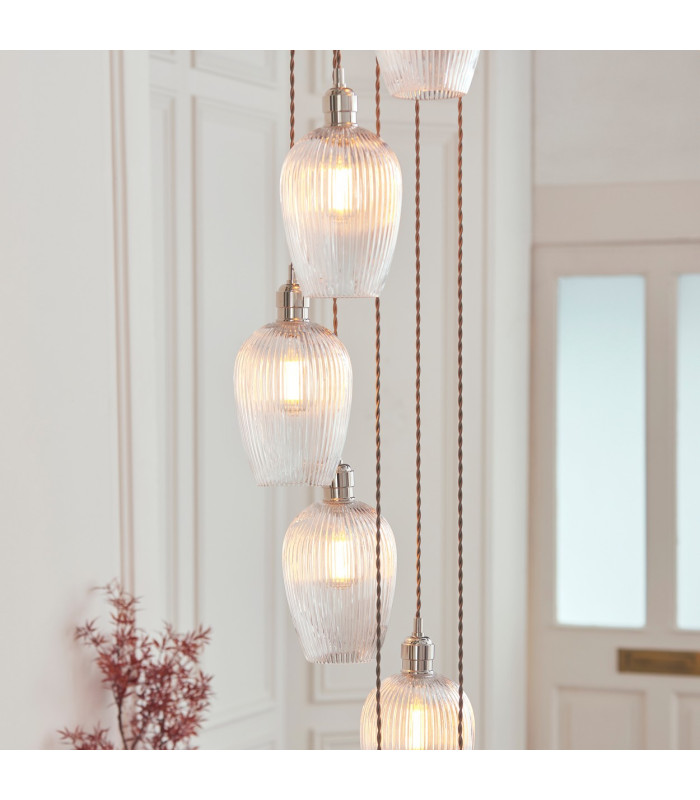 Livorno Cluster Pendant Ceiling Light Bright Nickel Plate & Clear Ribbed Glass 13 x 10W LED E27-6