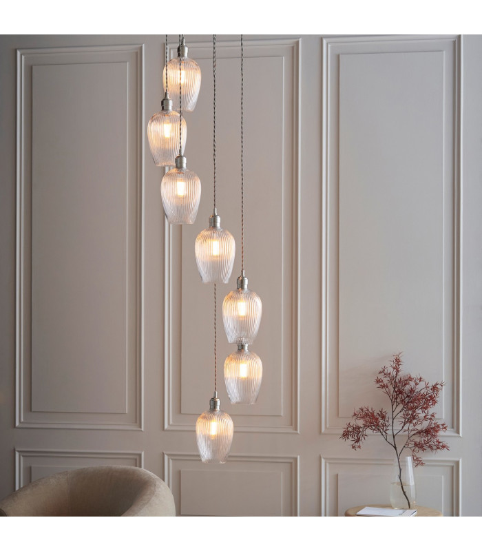 Livorno Cluster Pendant Ceiling Light Bright Nickel Plate & Clear Ribbed Glass 7 x 10W LED E27-3