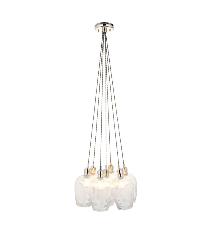 Livorno Cluster Pendant Ceiling Light Bright Nickel Plate & Clear Ribbed Glass 7 x 10W LED E27-1