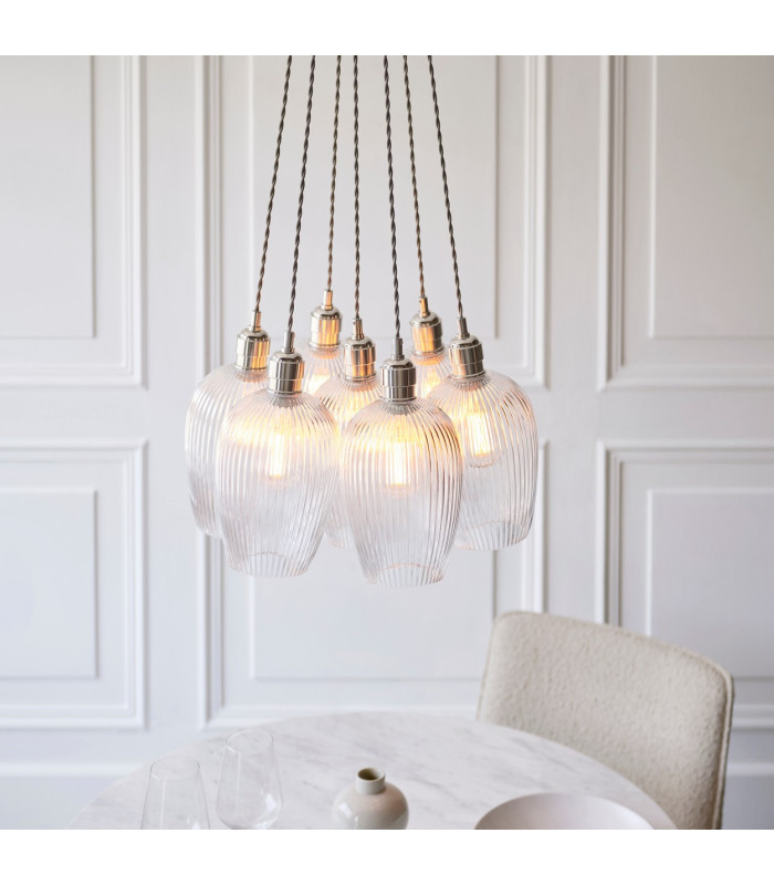 Livorno Cluster Pendant Ceiling Light Bright Nickel Plate & Clear Ribbed Glass 7 x 10W LED E27-3