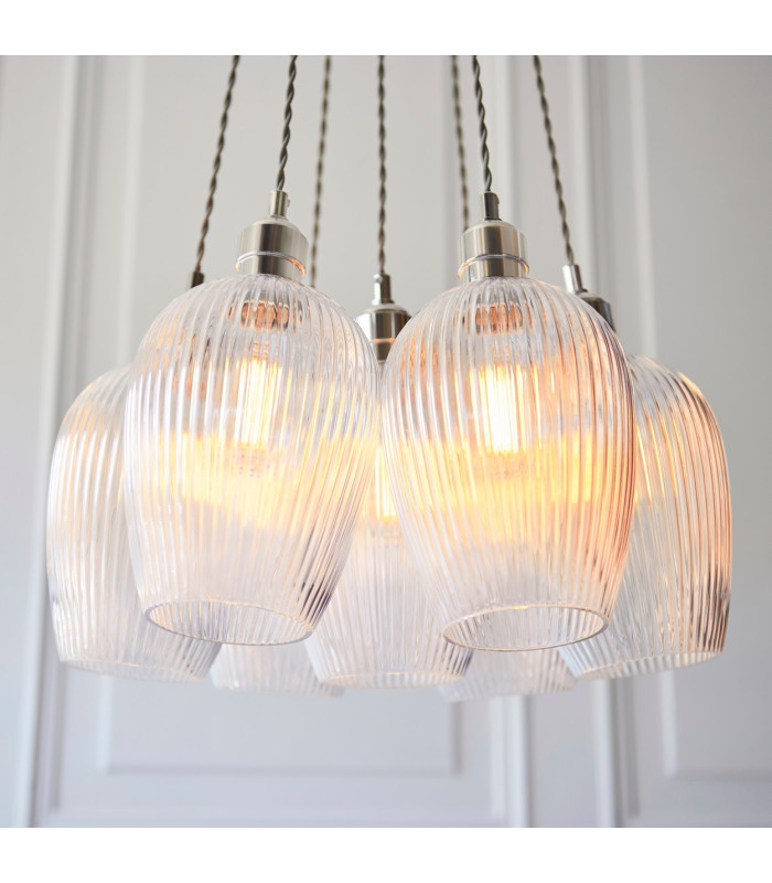 Livorno Cluster Pendant Ceiling Light Bright Nickel Plate & Clear Ribbed Glass 7 x 10W LED E27-4