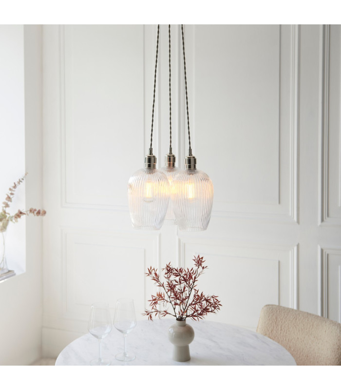 Livorno Cluster Pendant Ceiling Light Bright Nickel Plate & Clear Ribbed Glass 3 x 10W LED E27-3