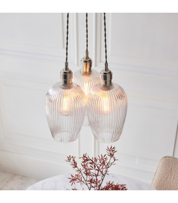 Livorno Cluster Pendant Ceiling Light Bright Nickel Plate & Clear Ribbed Glass 3 x 10W LED E27-4