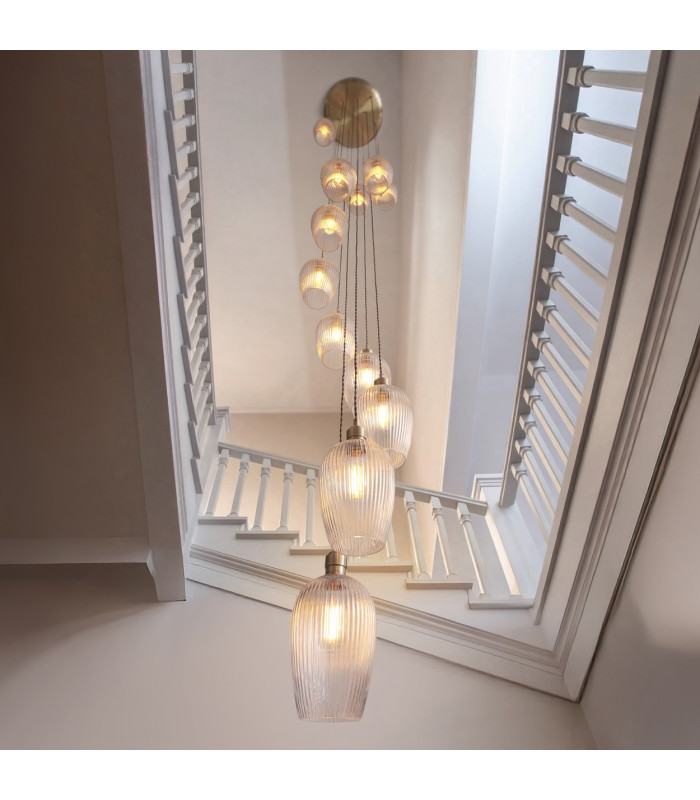 Livorno Cluster Pendant Ceiling Light Antique Brass Plate & Clear Ribbed Glass 13 x 10W LED E27-2