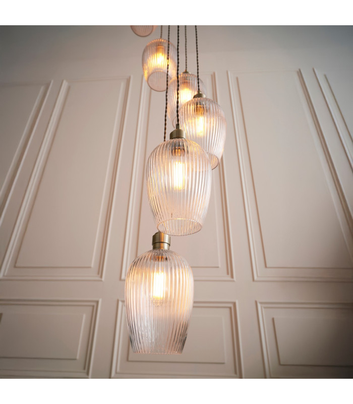 Livorno Cluster Pendant Ceiling Light Antique Brass Plate & Clear Ribbed Glass 13 x 10W LED E27-3