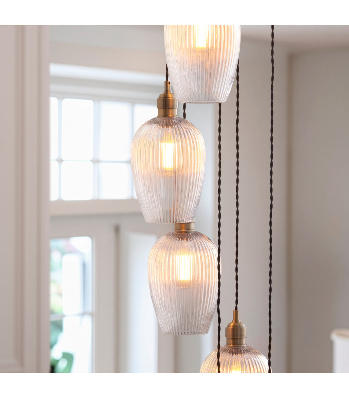 Livorno Cluster Pendant Ceiling Light Antique Brass Plate & Clear Ribbed Glass 13 x 10W LED E27-4