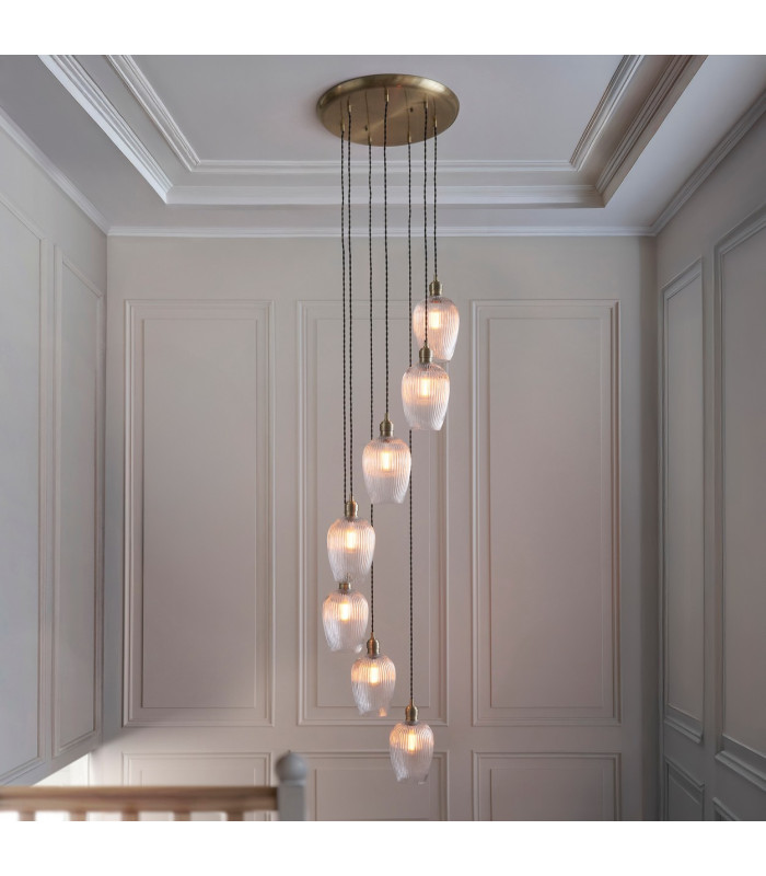 Livorno Cluster Pendant Ceiling Light Antique Brass Plate & Clear Ribbed Glass 7 x 10W LED E27-2
