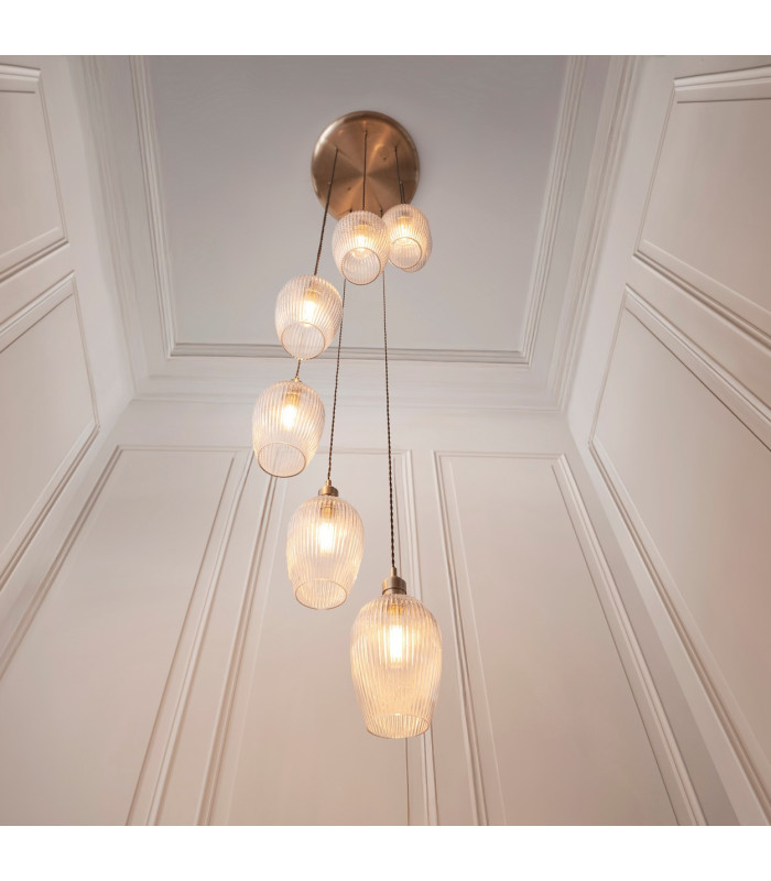 Livorno Cluster Pendant Ceiling Light Antique Brass Plate & Clear Ribbed Glass 7 x 10W LED E27-3