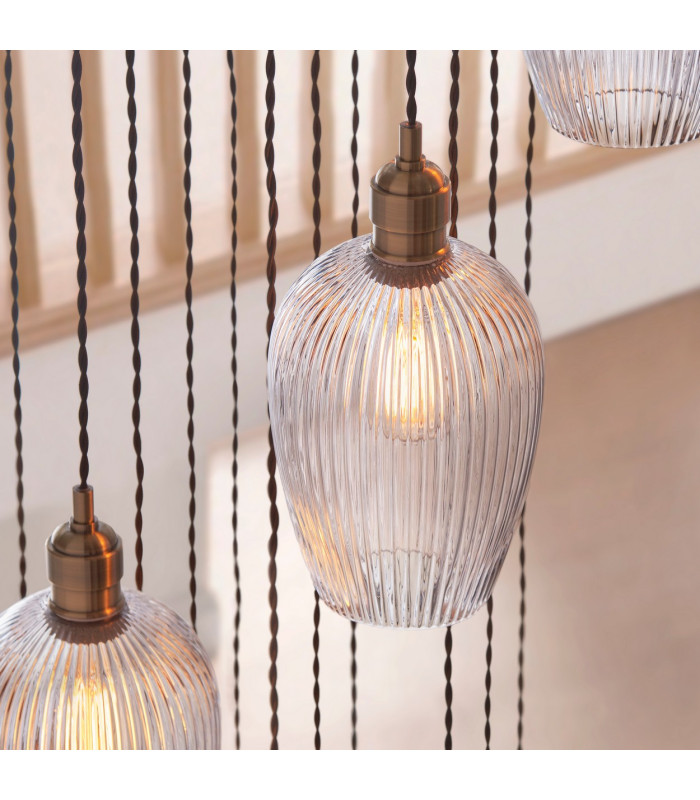 Livorno Cluster Pendant Ceiling Light Antique Brass Plate & Clear Ribbed Glass 13 x 10W LED E27-6