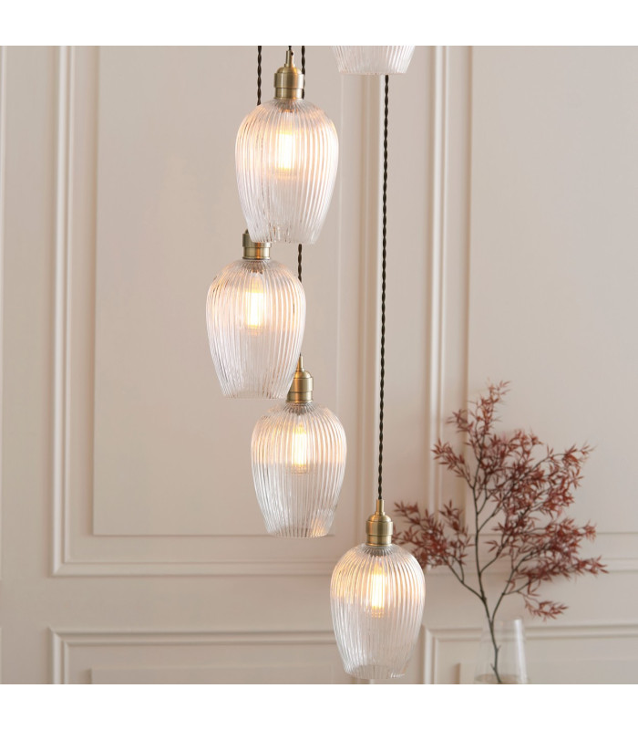 Livorno Cluster Pendant Ceiling Light Antique Brass Plate & Clear Ribbed Glass 7 x 10W LED E27-4
