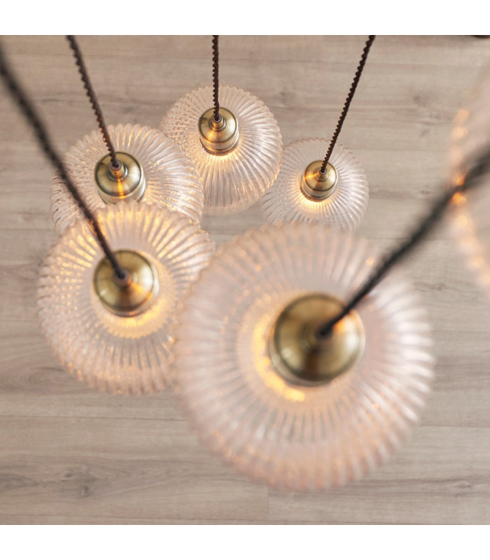 Livorno Cluster Pendant Ceiling Light Antique Brass Plate & Clear Ribbed Glass 7 x 10W LED E27-5