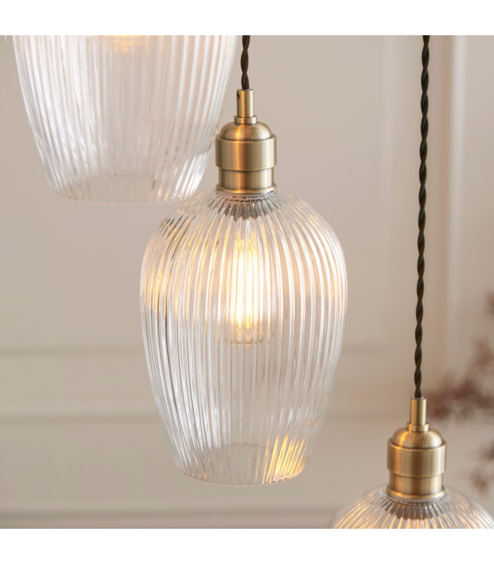 Livorno Cluster Pendant Ceiling Light Antique Brass Plate & Clear Ribbed Glass 7 x 10W LED E27-6