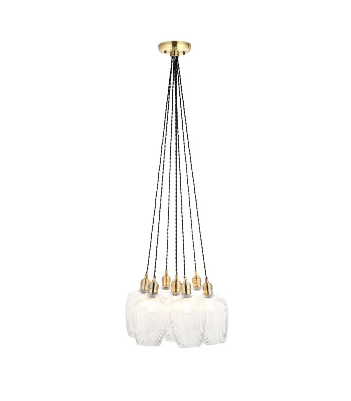 Livorno Cluster Pendant Ceiling Light Antique Brass Plate & Clear Ribbed Glass 7 x 10W LED E27-1