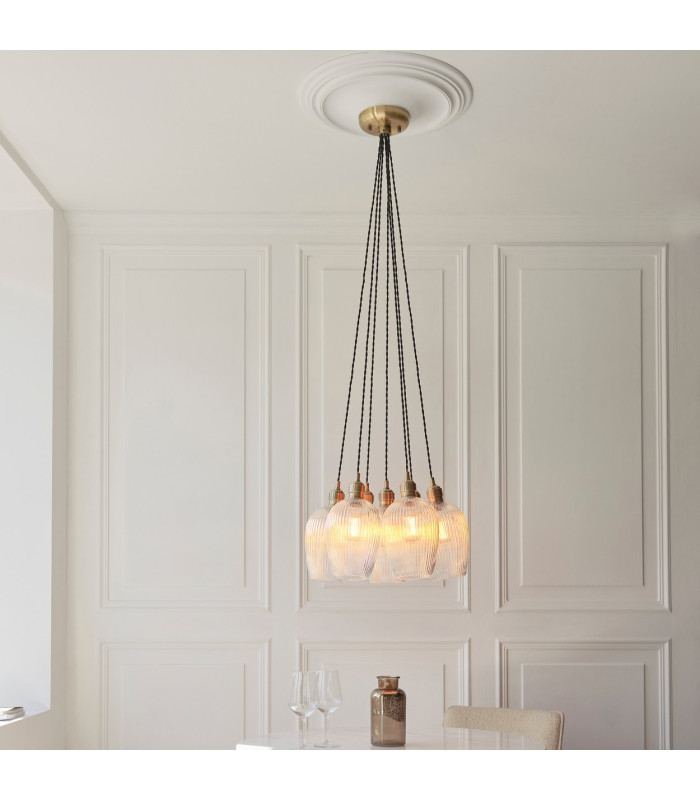 Livorno Cluster Pendant Ceiling Light Antique Brass Plate & Clear Ribbed Glass 7 x 10W LED E27-2