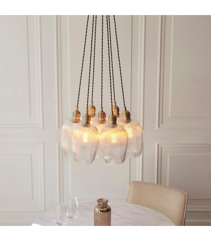 Livorno Cluster Pendant Ceiling Light Antique Brass Plate & Clear Ribbed Glass 7 x 10W LED E27-3