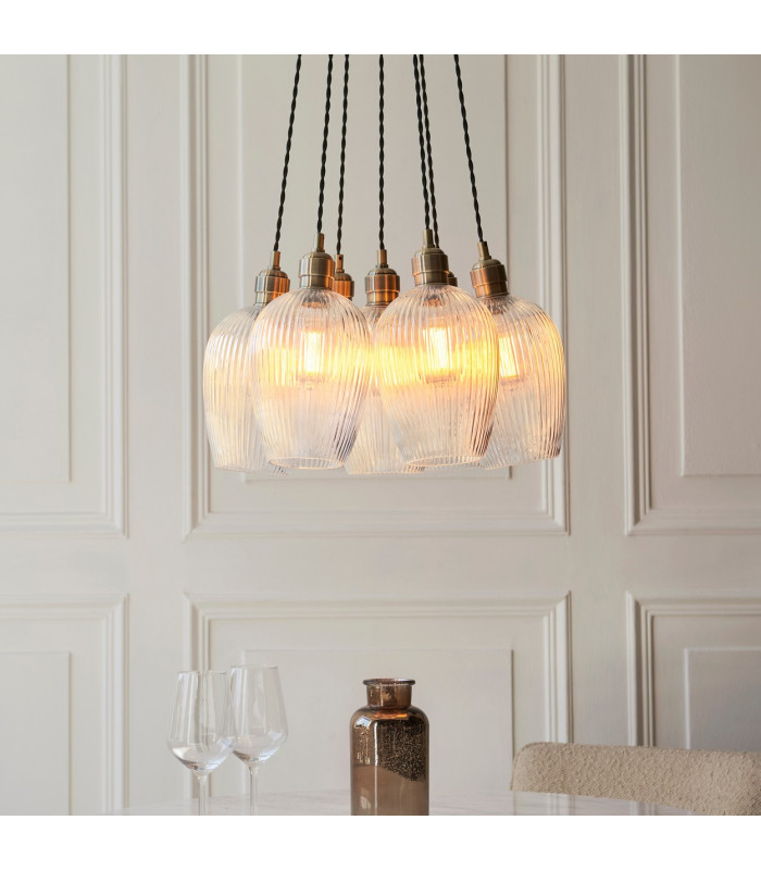 Livorno Cluster Pendant Ceiling Light Antique Brass Plate & Clear Ribbed Glass 7 x 10W LED E27-4