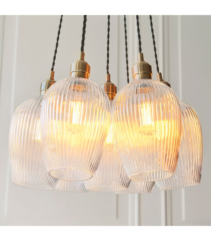 Livorno Cluster Pendant Ceiling Light Antique Brass Plate & Clear Ribbed Glass 7 x 10W LED E27-5