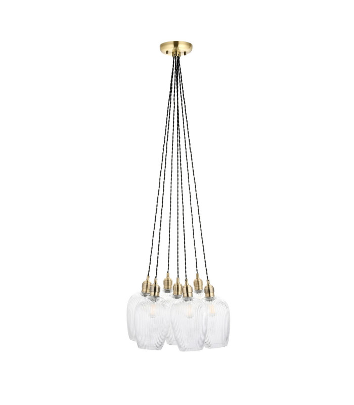 Livorno Cluster Pendant Ceiling Light Antique Brass Plate & Clear Ribbed Glass 7 x 10W LED E27-9