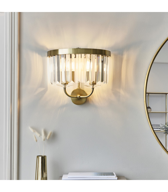 Ascoli Wall Lamp Antique Brass Plate & Clear Cut Glass 2 x 6W LED E14-2