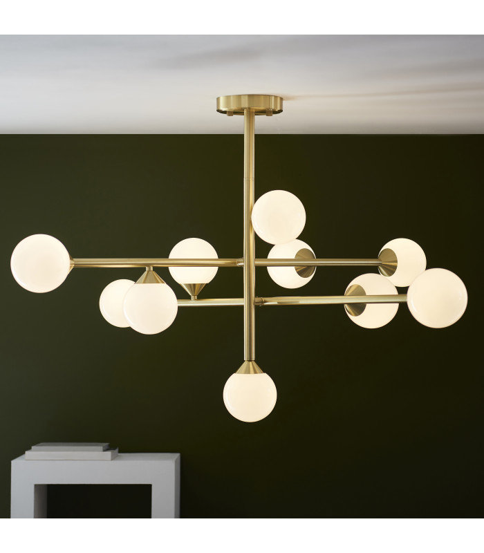 Grosseto Multi Arm Pendant Ceiling Light Satin Brass Plate & Gloss White Glass 10 x 5W LED G9-3