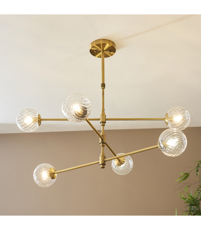 Rome Multi Arm Pendant Ceiling Light Brushed Aged Brass Plate & Clear Glass 6 x 3.2W LED G9 Daylight White-3