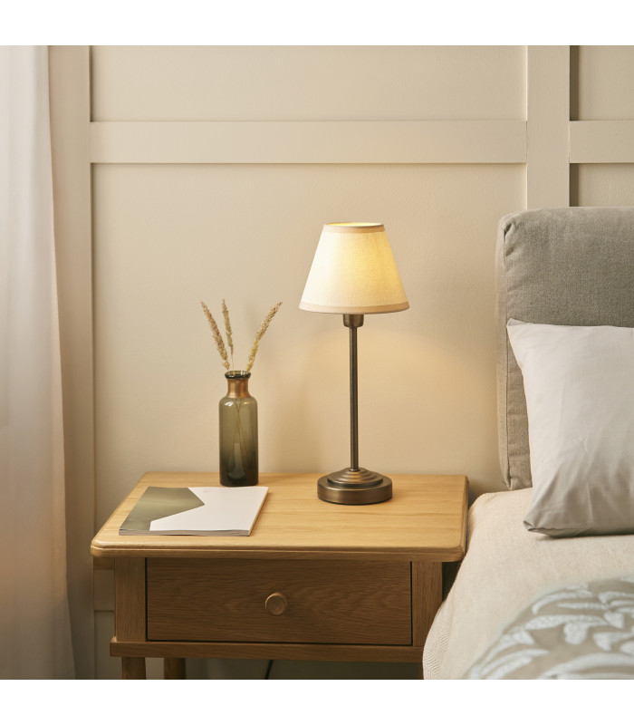 Rise Antique Bronze Plate Table Lamp with Vintage White Fabric Ivy Shade 16cm 7W LED E14-2