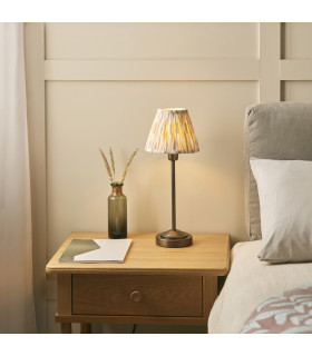 Rise Antique Bronze Plate Table Lamp with Neutral Print Fabric Ikat Shade 16cm 7W LED E14-2