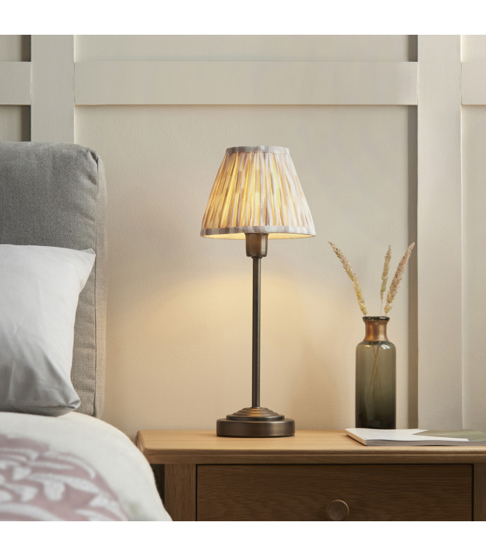 Rise Antique Bronze Plate Table Lamp with Neutral Print Fabric Ikat Shade 16cm 7W LED E14-3