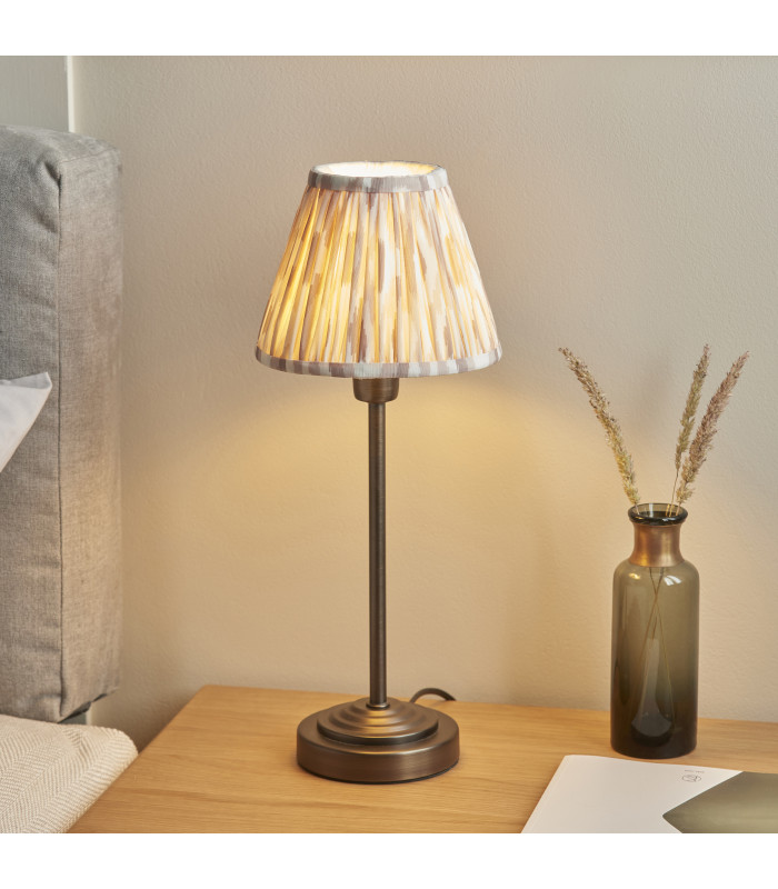 Rise Antique Bronze Plate Table Lamp with Neutral Print Fabric Ikat Shade 16cm 7W LED E14-4