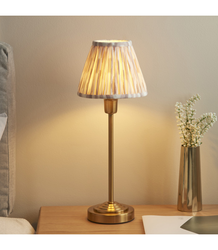 Rise Vintage Brass Finish Table Lamp with Neutral Print Fabric Ikat Shade 16cm 7W LED E14-4