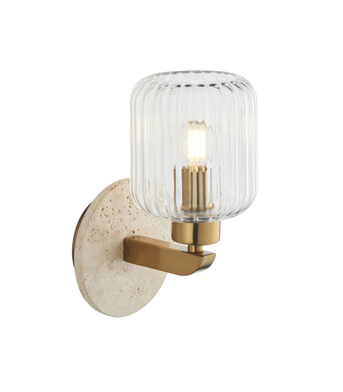Travi Ribbed Wall Lamp Beige Textured Marble Vintage Brass & Clear Ribbed Glass 6W LED E14-1