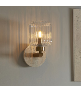 Travi Ribbed Wall Lamp Beige Textured Marble Vintage Brass & Clear Ribbed Glass 6W LED E14-2