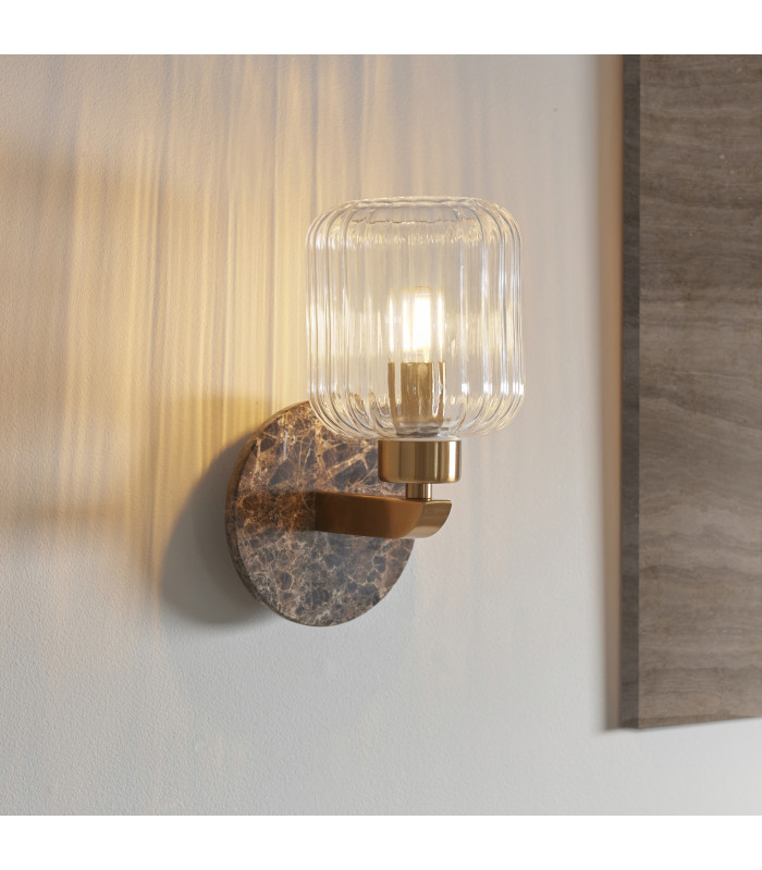 Travi Ribbed Wall Lamp Dark Brown Emperador Marble Vintage Brass & Clear Ribbed Glass 6W LED E14-2