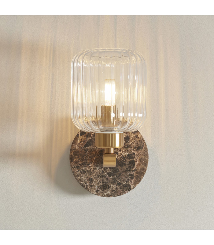 Travi Ribbed Wall Lamp Dark Brown Emperador Marble Vintage Brass & Clear Ribbed Glass 6W LED E14-3