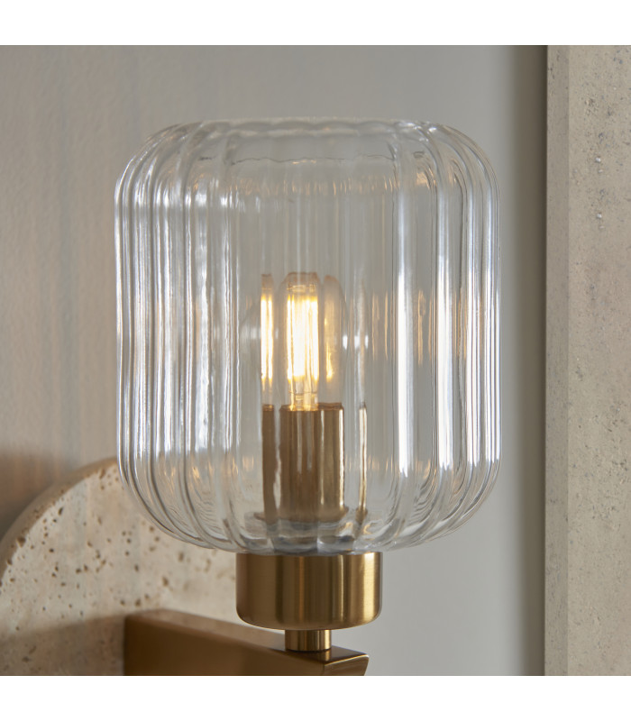 Travi Ribbed Wall Lamp Beige Textured Marble Vintage Brass & Clear Ribbed Glass 6W LED E14-5