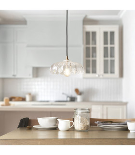 Eltham Clear Glass Brushed Aged Brass Plate Pendant Light with Black Braided Flex Camellia 5W LED B22-2