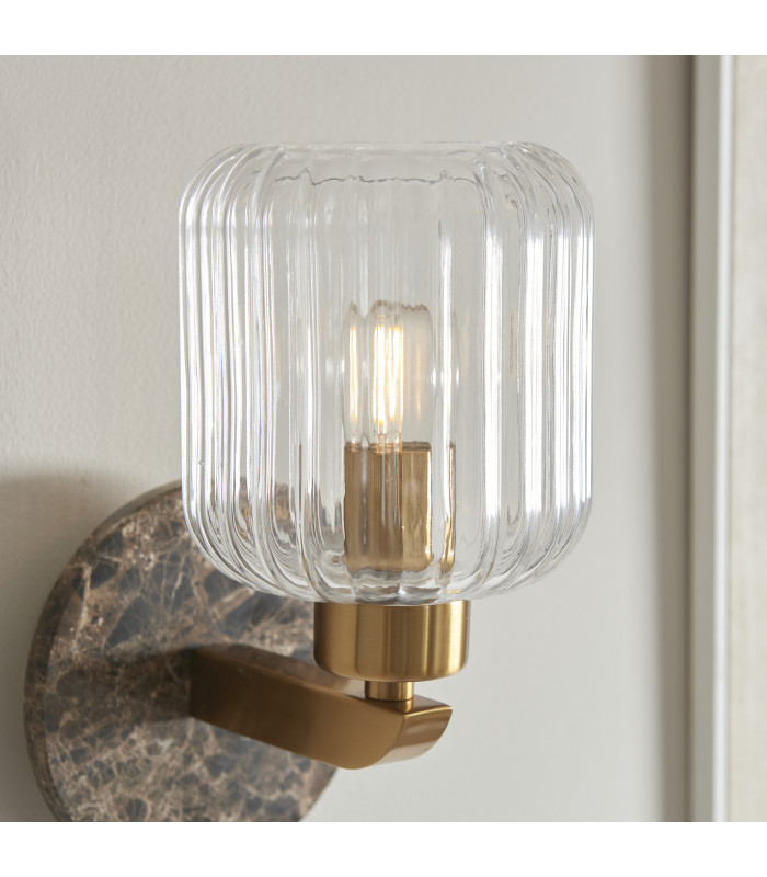 Travi Ribbed Wall Lamp Dark Brown Emperador Marble Vintage Brass & Clear Ribbed Glass 6W LED E14-5