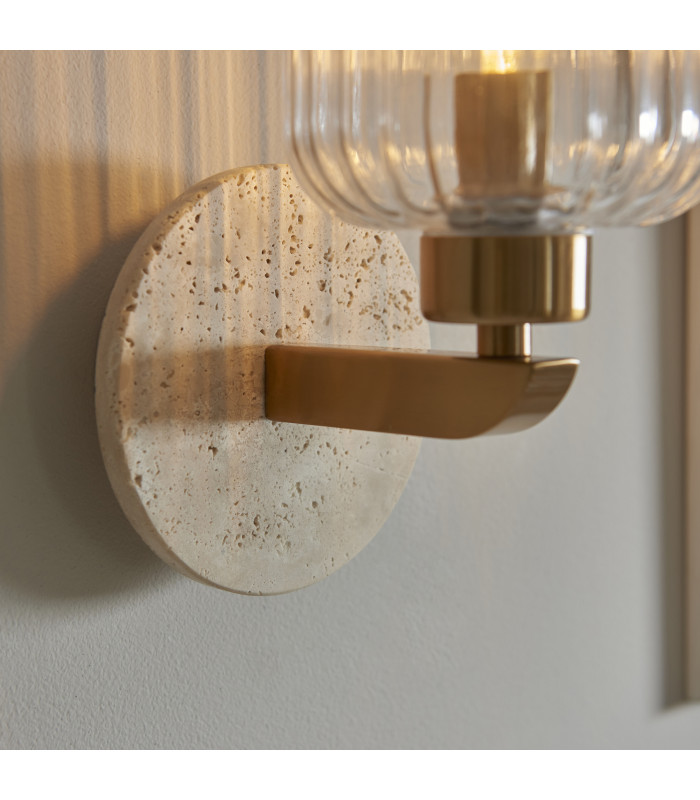 Travi Ribbed Wall Lamp Beige Textured Marble Vintage Brass & Clear Ribbed Glass 6W LED E14-6