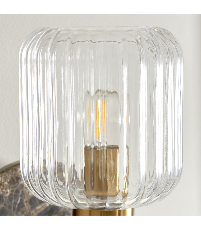 Travi Ribbed Wall Lamp Dark Brown Emperador Marble Vintage Brass & Clear Ribbed Glass 6W LED E14-8