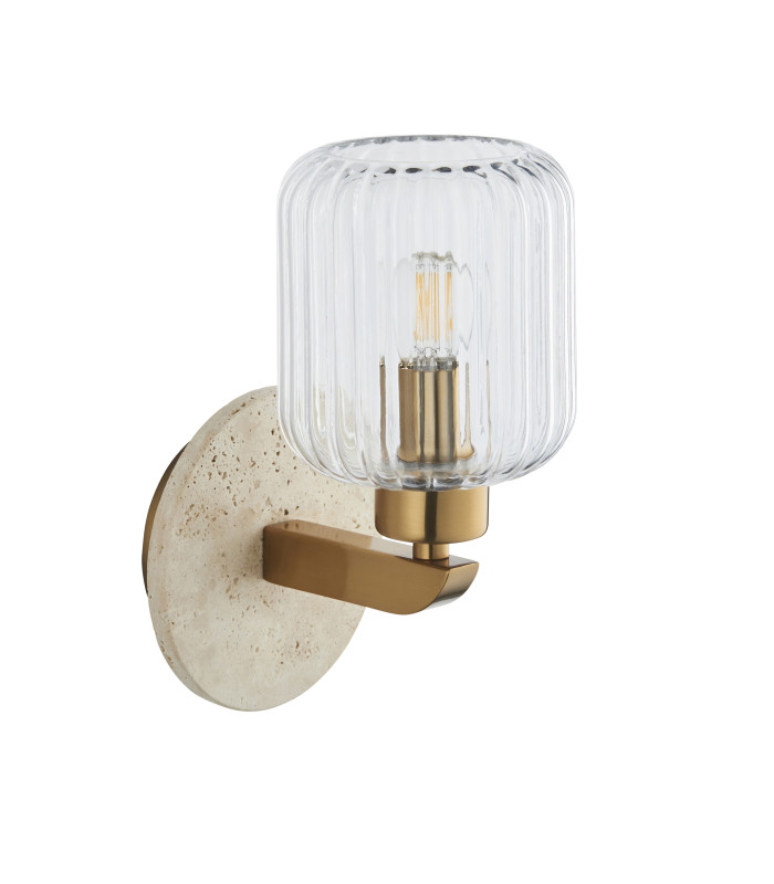 Travi Ribbed Wall Lamp Beige Textured Marble Vintage Brass & Clear Ribbed Glass 6W LED E14-9