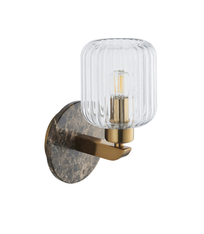 Travi Ribbed Wall Lamp Dark Brown Emperador Marble Vintage Brass & Clear Ribbed Glass 6W LED E14-9