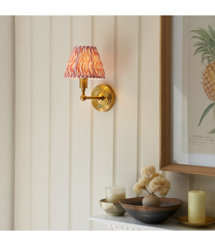 Burley Rechargeable Brushed Aged Brass Plate Wall Light with Coral Pink Fabric Ripple Shade 16cm Integrated LED-2
