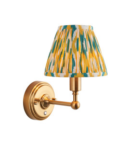 Burley Rechargeable Brushed Aged Brass Plate With Yellow Wall Light with Jade Fabric Ikat Shade 16cm Integrated LED-1