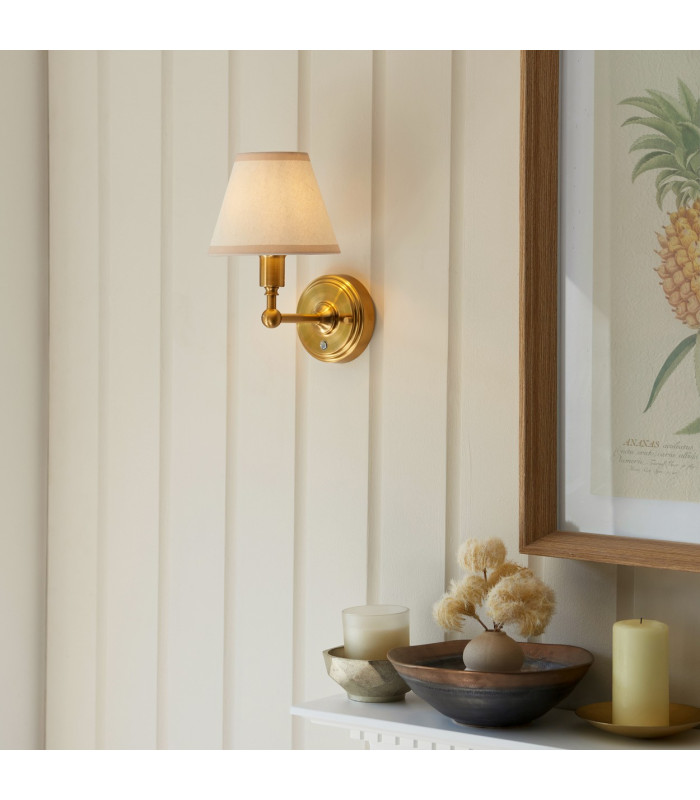 Burley Rechargeable Brushed Aged Brass Plate Wall Light with Vintage White Fabric Ivy Shade 16cm Integrated LED-2